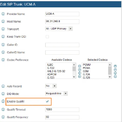 Figure 2: SIP Trunk - Set Enable Qualify 