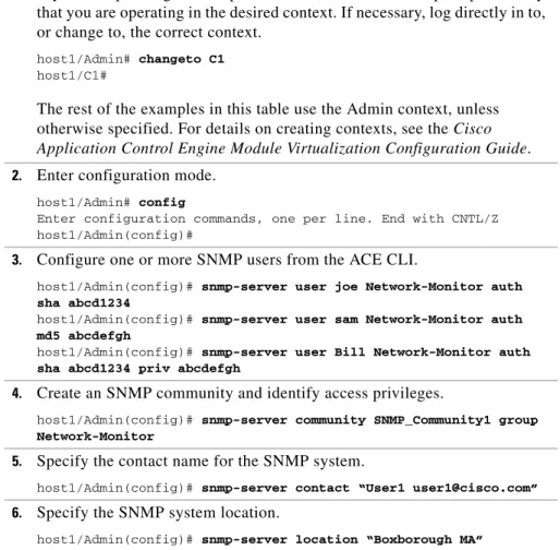 Table 7-4 provides a quick overview of the steps required to configure SNMP on  the ACE
