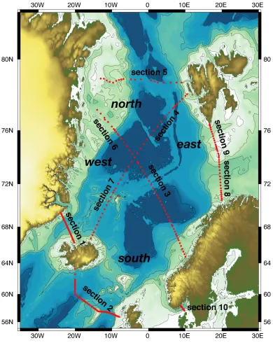 Figure 3.1:   The Nordic Seas with station pair positions in red, showing the setup of boxes (north, south, east, west) used