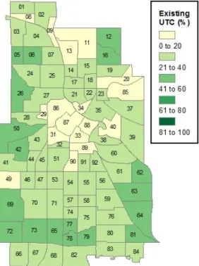 Figure 7. Existing UTC as percent of land area  for Neighborhoods. 