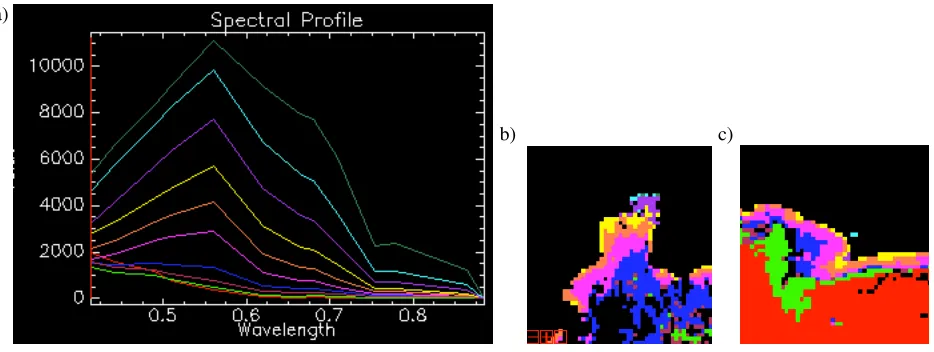 Fig. 2 Unsupervised classification of the whole pass using the red bands gave ten clusters indicated by different colours.Zooms are shown of a) Oman, and b) Southern Madagascar.