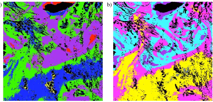 Fig. 6. a) Geographical pattern of clusters identified by unsupervised classification of channels 2,3,4 & 5