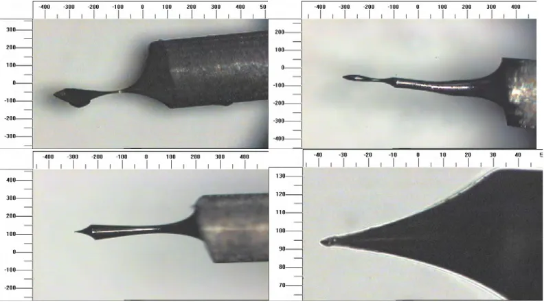 Figure 3.6: Three examples of tips exhibiting a 'neck' due to incomplete etching. (The bottom 