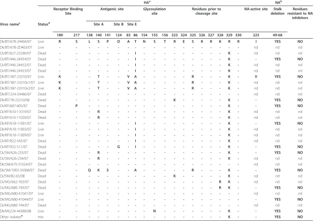 Table 2 Amino acid variations at critical sites of HA and NA proteins of the H5N1 viruses that determining virus phenotype