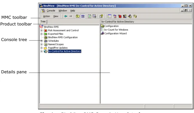 Figure 1 shows the BindView RMS Console and the major  components of its user interface.
