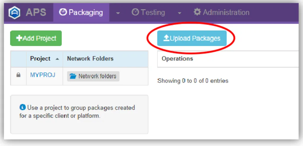 Figure 9 Upload Packages Button on the Dashboard 