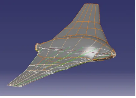 Fig. 1The parametric geometry is based on this wireframe – note the concertina-type noseand tail constructions that allow extension to form a fuselage.