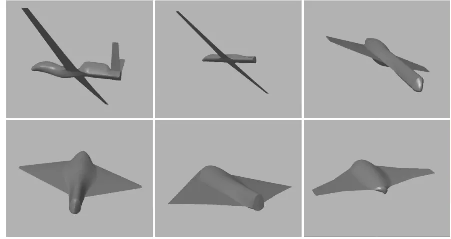 Fig. 2A selection of geometries generated by the geometry service, including a clone of theGlobal Hawk (top left), morphing into an X-47 clone (bottom centre).