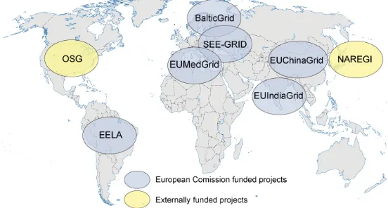 Fig 3: EGEE-II geographical extension through related projects 