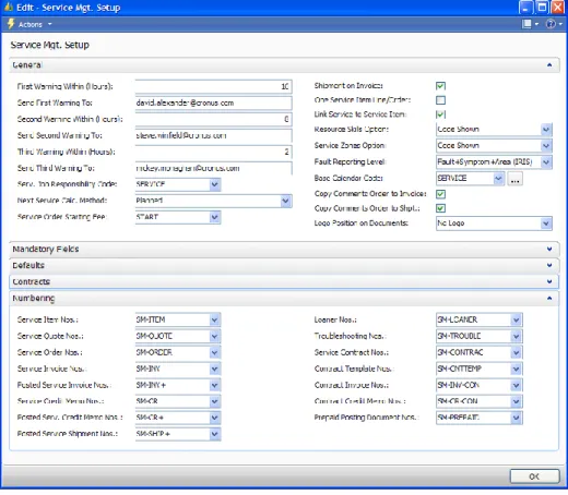 FIGURE 2.7 THE NUMBERING FASTTAB IN THE SERVICE MGT. SETUP  WINDOW 