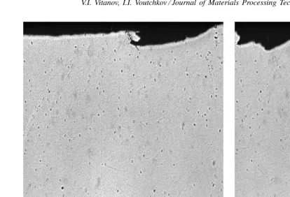 Fig. 2. (a) and (b) Cross-sections showing coating/substrate interface, as-polished (50×).