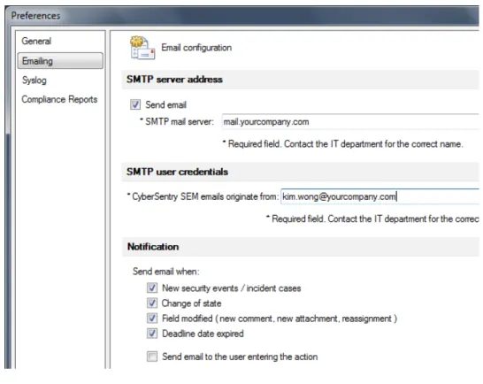 Figure 17: Emailing panel to set email notification