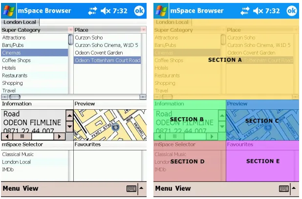Fig. 1. There are five features within the user interface: A – the columnar mSpace browser; B – the information box; C – a preview cup map; D – an mSpace selector and E – a favourites list
