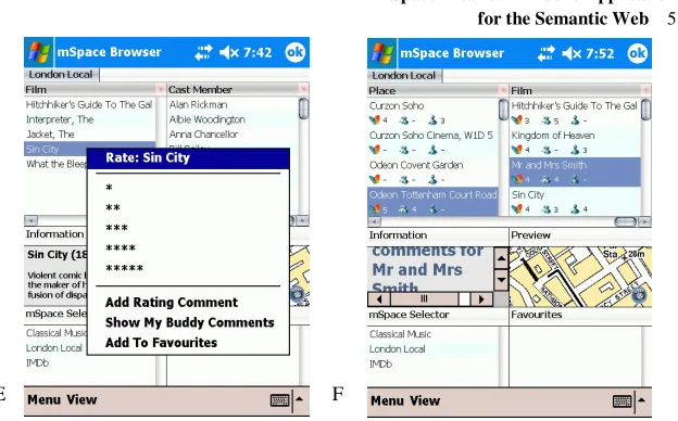 Fig. 2. Six screens from a developing scenario – browsing for cinemas and films. A – The user views a list of cinemas and their location is shown on the map