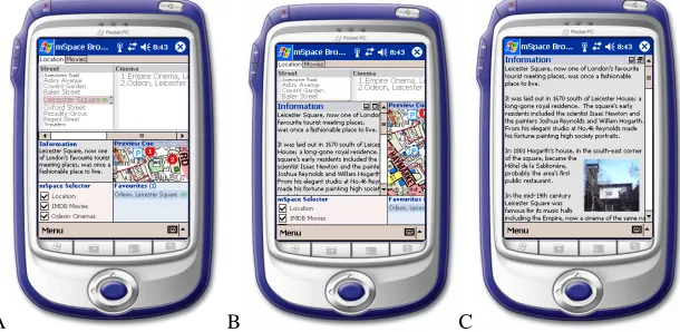Fig. 3.  The ‘mSpace: Where Am I?’ zooming interface: A – basic starting layout. B – The zooming panels can be individually expanded