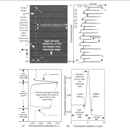 Figure 5. (a) Positive DEP collection image processed frame (37 s after DEP force applied) with (b) associated average longitudinalgreyscale intensity for each transverse pixel