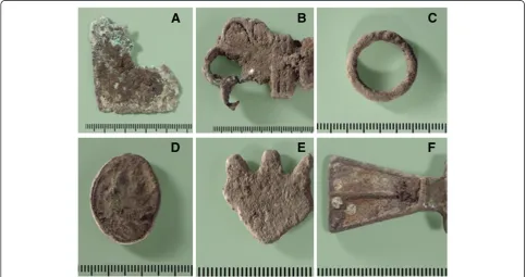 Figure 1 Examples of metallic artefacts located at Vechten.shaped artefact Sheet fragment (A), likely part of a key (B), ring (C), modern button (D), trident (E), unknown artefact (F).