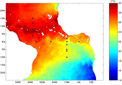 Figure 1.1 – Position of the buoys in the PIRATA array (black points) overlaying TMI SST (colour) on a 3-day mean composite starting on 19/09/2001