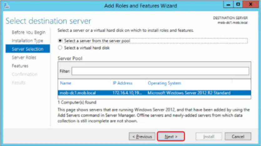 Figure 8. Selecting domain controller as the destination server for new roles