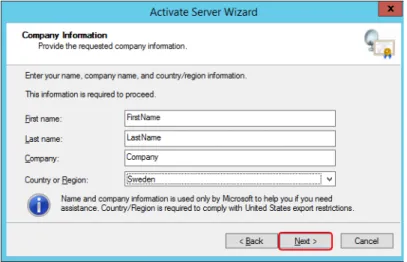 Figure 19. Providing identification details for the activation of the RD licensing  server