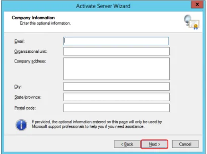 Figure 20. Providing optional information for the activation of the RD licensing  server