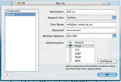 Figure 2: Selecting EAP type in the Mac OS/X 802.1x configuration 