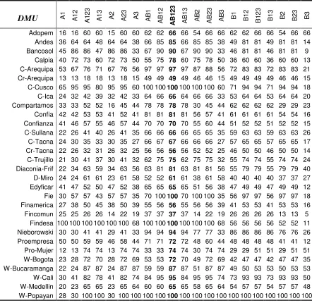 Table 5. The 30 MFIs Efficiency results under the 21 specifications. The column in bold is the specification containing all the inputs and all the outputs