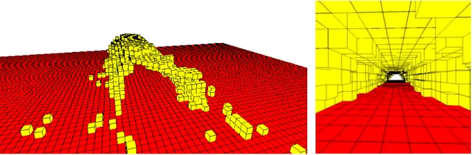 Fig. 3. A covered walkway is constructed. Parameters as ﬁgure 1, save that no windhas been modelled, and a ﬂow of trail termites has been introduced: t = 10, c = 0.5.The tunnel’s interior is clear of obstructions, and the cross-section is quite regular