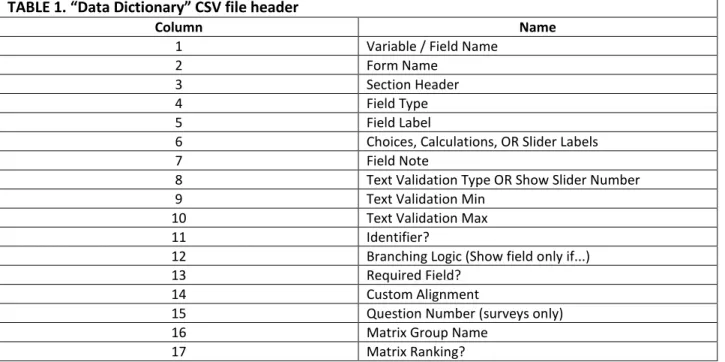 TABLE 1. “Data Dictionary” CSV file header