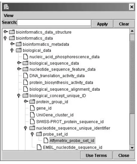 Figure 6: Finding the ontology term for describing the workﬂow’s output in the myGrid ontology