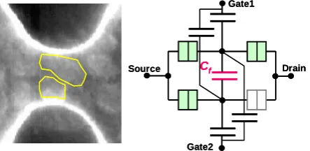 Fig. 3 SEM micrograph of a nano-Si point contact transistor (left) and gray scale image of current as a function of two side gate bias voltages Vg1 and Vg2 (right)