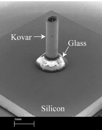 Fig. 2.Scanning electron micrograph of a Kovar tube joined to a bare siliconsubstrate using a glass seal.
