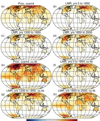 Figure 2. Low-pass-ﬁltered regression of the AMO index on surface temperature (in K) in(d) (a) the CCSM4 prior, (b) the LMR from years 0to 1850, (c) the LMR from years 1200 to 1850, and (d) the LMR from years 1850 to 2000