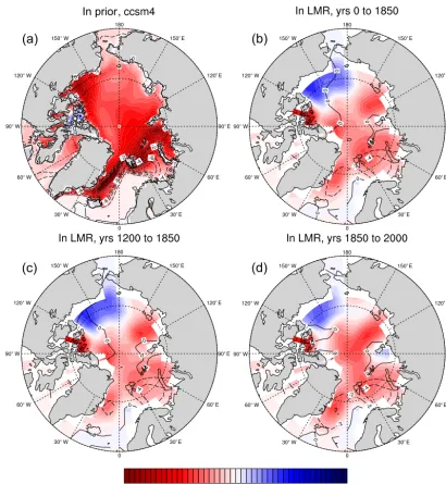 Figure 4. As for Fig. 2 panels (a) to (d), but for the low-pass-ﬁltered regression of the AMO index on sea ice thickness (colors, in millimeters)and on sea ice concentration (contours, %).