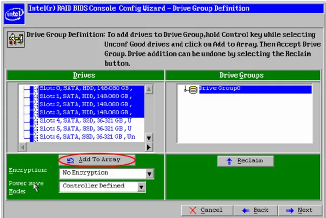 Figure 7. Add Physical Drives to Drive Group  9.  Click “Accept DG” to accept the Drive Group, click “Next” to continue