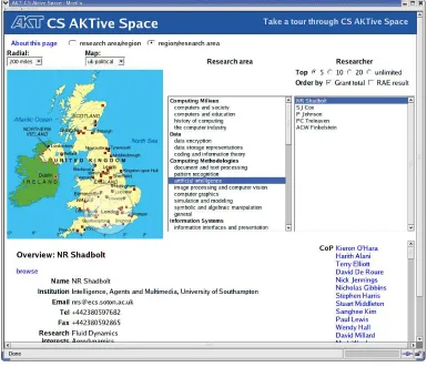Fig. 1. CS AKTive Space UI featuring multicolumn queries and geographical visualizerand constraint controller