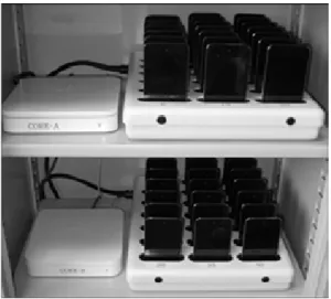 Figure 6. iPod trays can be stored in a cart along with Wi-Fi routers to create a cost- cost-effective mobile language lab in any classroom.