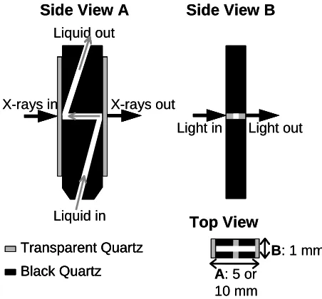 Figure 9. Picture of the cuvette in the observation head of the stopped-flow module with optical fibers connected