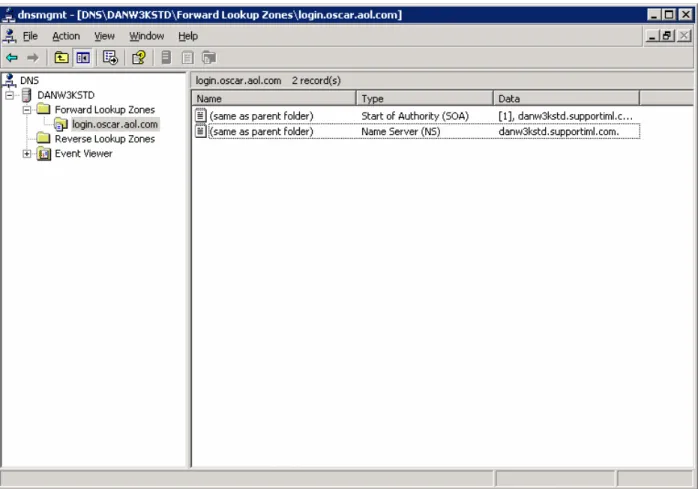 Figure 7: DNS Manager Screen with New Zone Selected  NOTE: Do not close the DNS window; continue using it for the next stage described below