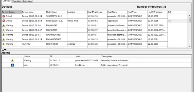 Figure 5.2.3 – Tree View  An SNMPWEBCARD connected to an ENVIROSENSE environmental sensor or a  computer connected to two UPS systems will show two devices with the same IP  address, but other devices will each have a unique IP address