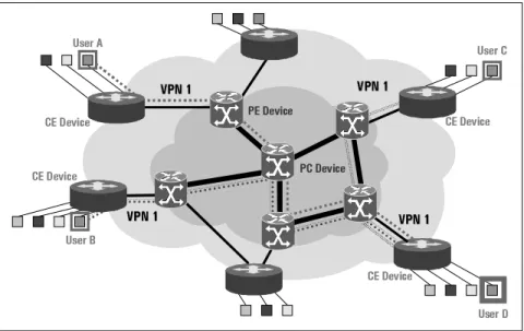Figure 2: A multinational company trying to set up VPN’s across its Service Provider’s MPLS enabled network8VHU$&amp;('HYLFH&amp;('HYLFH8VHU% 8VHU&amp; 8VHU'&amp;('HYLFH&amp;('HYLFH9319319319319319313('HYLFH3&amp;'HYLFH931931