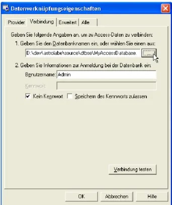 Fig. 6: Data Link Properties – Connection tab for Microsoft Access  