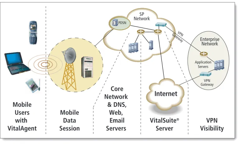 Figure 1 - VitalSuite ®  compares the application and network performance from multiple  vantage points providing critical information on how  performance varies at different points throughout the network