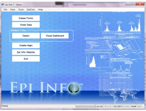 Figure 1 is the main Epi Info menu. From here, you can create forms, enter data, and analyze  data