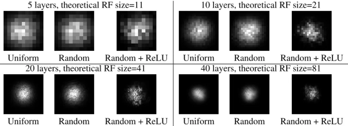 Figure 1: Comparing the effect of number of layers, random weight initialization and nonlinear activation on the ERF