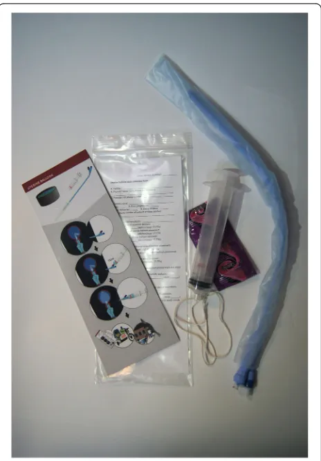 Fig. 1 The ESM-UBT kit. Kit contents include: illustrated checklist,data collection card, cotton string, luer-lock syringe, condoms, and asize 24 urinary catheter