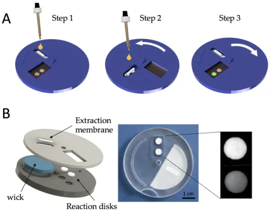 Figure  3:  Description  of  the  COVIDISC.  A  –  COVIDISC  workflow  decomposed  in  three  steps:  1  -  injection,  washing, drying