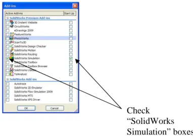 Figure 2: Location of the SolidWorks icon and   the boxes to be checked for adding it to the panel