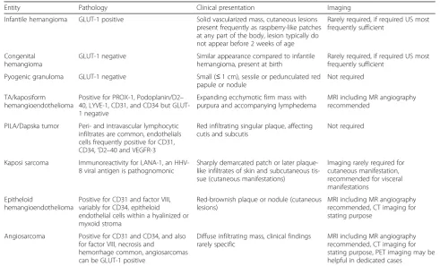Table 2 Overview of the characteristics features and need for imaging of vascular tumors