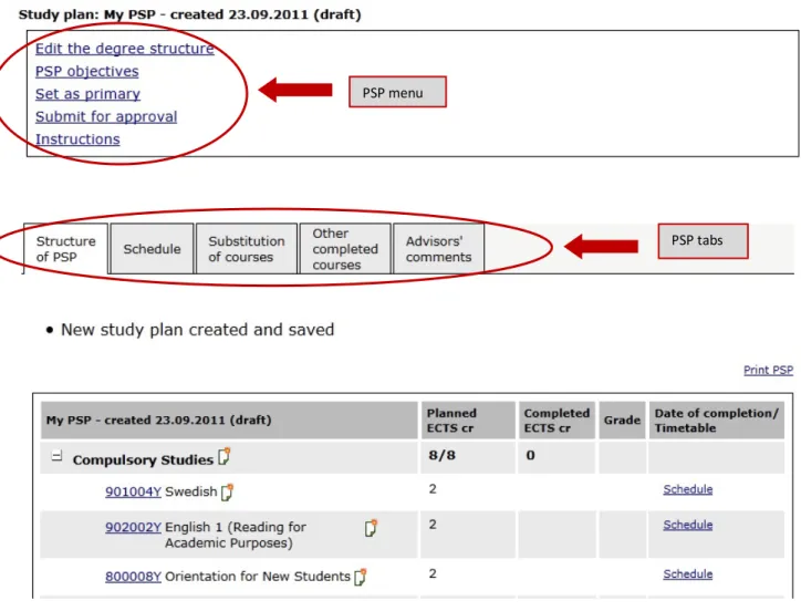 Figure 4. Menu and tabs at PSP Front page 
